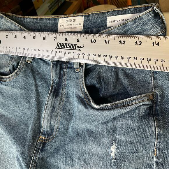 Cotton On Women Waxed & Ripped Denim Stretch Straight Leg Jeans size 8 US, Blue - Picture 2 of 13